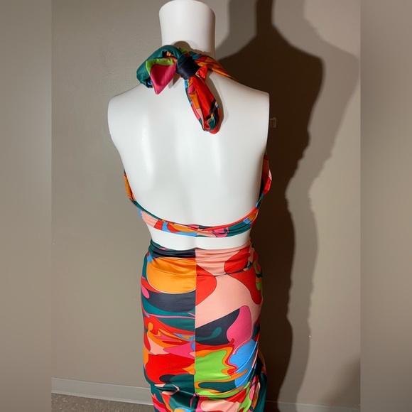 Coord Set Psychedelic Colorful Swirls 60s/70’s Style Halter Bra Top Skirt - Picture 4 of 12